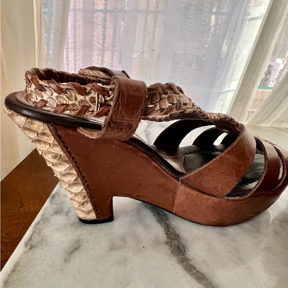 HENRY BEGUELIN cognac leather and snakeskin wedge slingback heels 38.5 - Picture 2 of 11